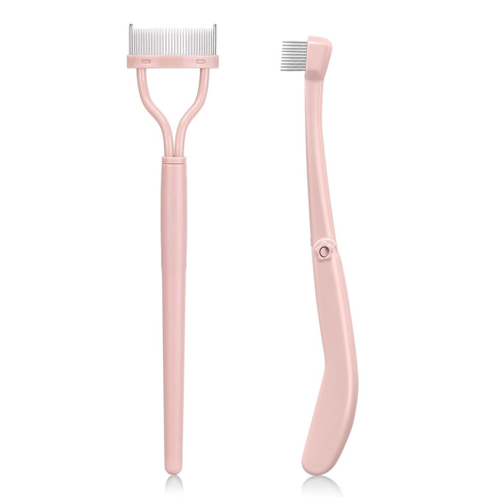 Corconess Eyelash Comb, 2PCS Pink Eyelash Separator Tool Lash Comb Lash Separator with Cover for Girls Women Eye Makeup Brushes Separator Mascara Applicator Tools with Metal Teeth
