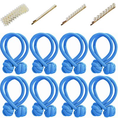 16 Pcs Sky Blue Tie Knot Hair Cord with 8 PCS Pearl Hair Clips, 2 Pack, Elastic Pearl Hair Scrunchies, Hair Accessories for Women, Ponytail Thick Hair, Hair Ropes