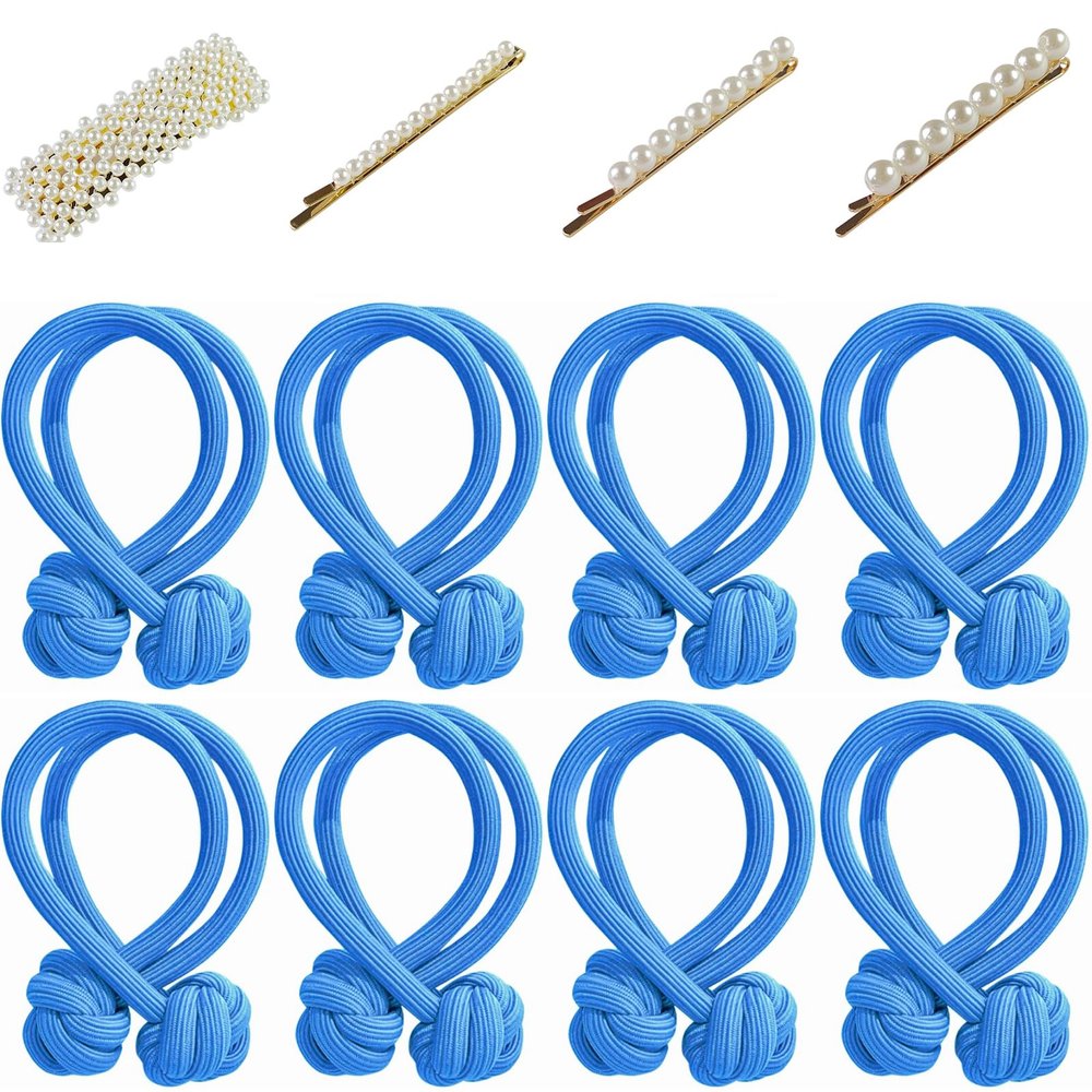16 Pcs Sky Blue Tie Knot Hair Cord with 8 PCS Pearl Hair Clips, 2 Pack, Elastic Pearl Hair Scrunchies, Hair Accessories for Women, Ponytail Thick Hair, Hair Ropes