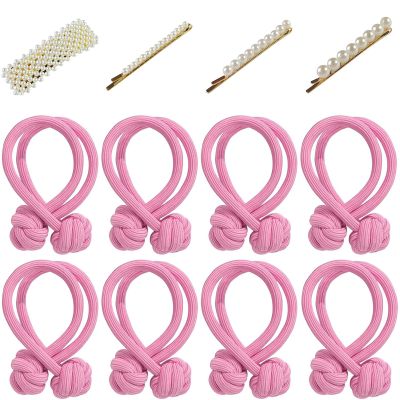 16 Pcs Pink Tie Knot Hair Cord with 8 PCS Pearl Hair Clips, 2 Pack, Elastic Pearl Hair Scrunchies, Hair Accessories for Women, Ponytail Thick Hair, Hair Ropes