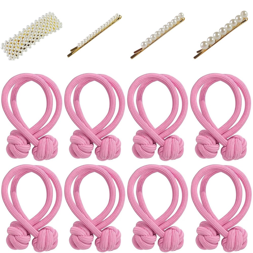 16 Pcs Pink Tie Knot Hair Cord with 8 PCS Pearl Hair Clips, 2 Pack, Elastic Pearl Hair Scrunchies, Hair Accessories for Women, Ponytail Thick Hair, Hair Ropes