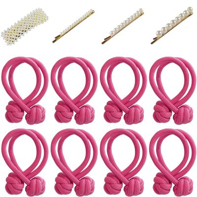 16 Pcs Red Pink Tie Knot Hair Cord with 8 PCS Pearl Hair Clips, 2 Pack, Elastic Pearl Hair Scrunchies, Hair Accessories for Women, Ponytail Thick Hair, Hair Ropes