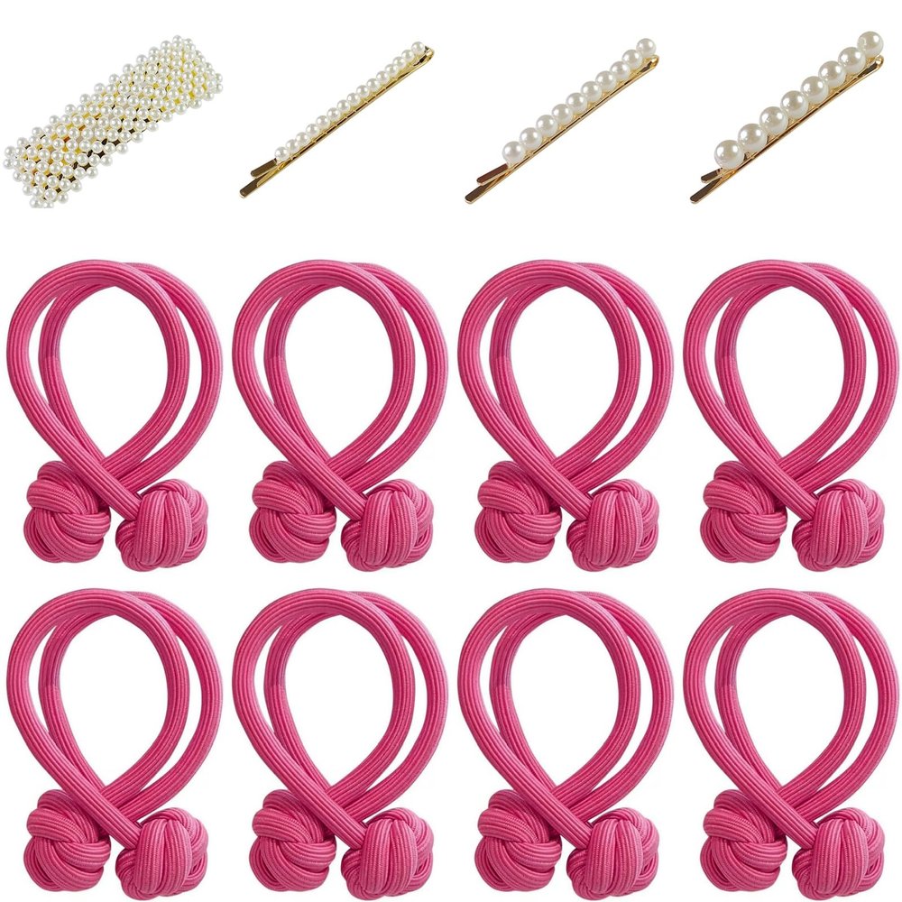 16 Pcs Red Pink Tie Knot Hair Cord with 8 PCS Pearl Hair Clips, 2 Pack, Elastic Pearl Hair Scrunchies, Hair Accessories for Women, Ponytail Thick Hair, Hair Ropes