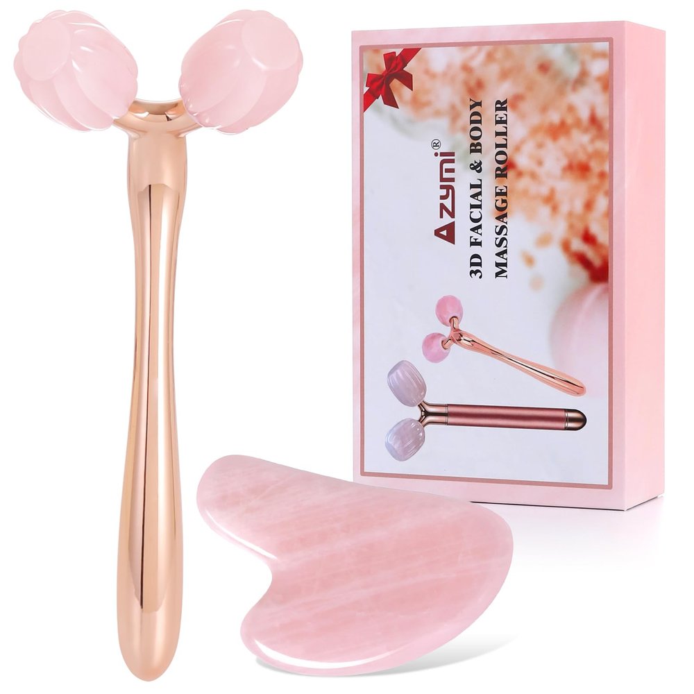Aznrszy Gua Sha Facial Tools, Jade Roller for Face Skin Care Lymphatic Drainage, Pumpkin-Shaped Rose Quartz Head, Guasha Massager for Anti-Aging & Skin Tightening, Reduce Wrinkles & Puffiness