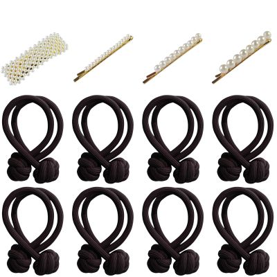 16 Pcs Dark Brown Tie Knot Hair Cord with 8 PCS Pearl Hair Clips, 2 Pack, Elastic Pearl Hair Scrunchies, Hair Accessories for Women, Ponytail Thick Hair, Hair Ropes