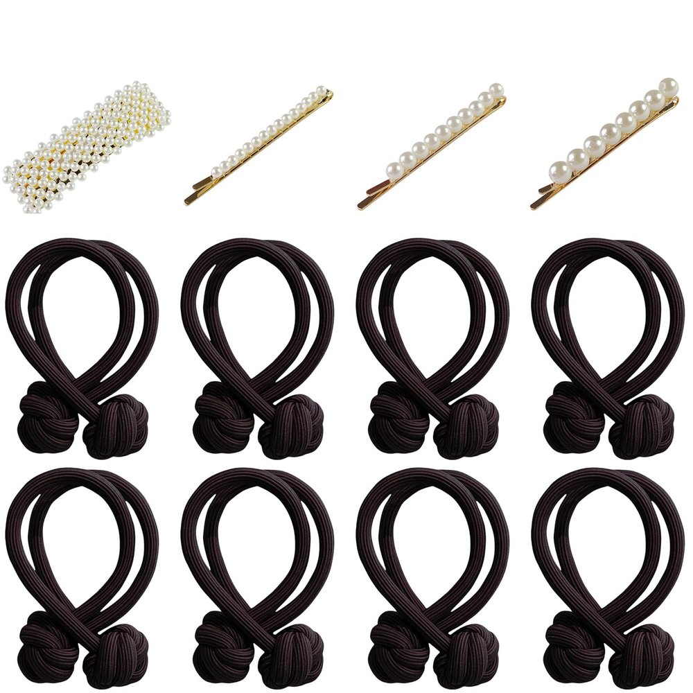 16 Pcs Dark Brown Tie Knot Hair Cord with 8 PCS Pearl Hair Clips, 2 Pack, Elastic Pearl Hair Scrunchies, Hair Accessories for Women, Ponytail Thick Hair, Hair Ropes