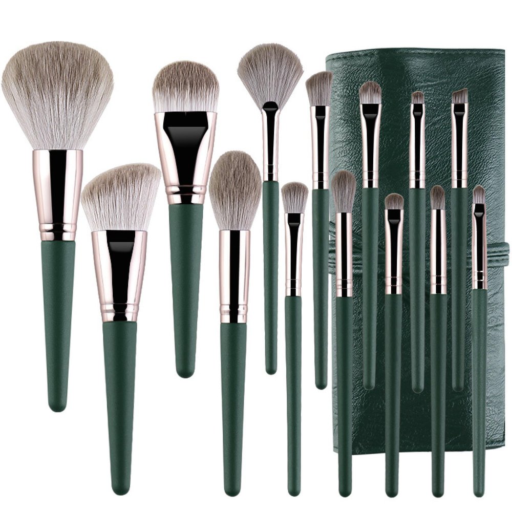14 Green Cloud Makeup Brush Set, Soft Wood Handle Beauty Tools, Beginner Complete Makeup Brushes