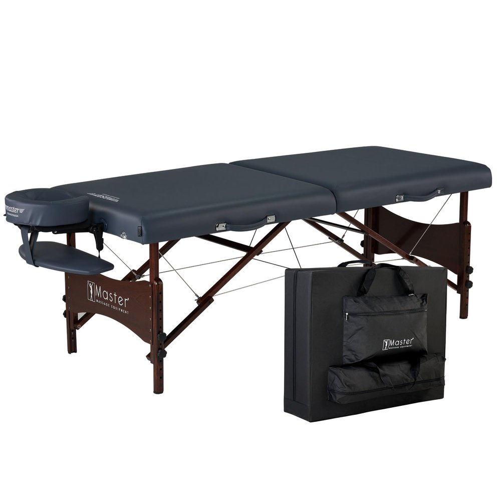Master Massage Newport Portable Massage Table Package with Denser 2.5" Cushion, Walnut Stained Hardwood, Steel Support Cables, Pillows & Accessories, Royal Blue, 30"