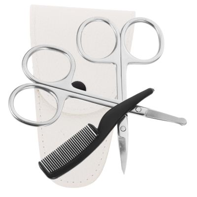Ipetboom 4pcs Stainless Steel Beard and Mustache Scissors Set with Nose Hair Trimmer Precision Pointed and Round Scissors White Leather Comb for Grooming and Detailing