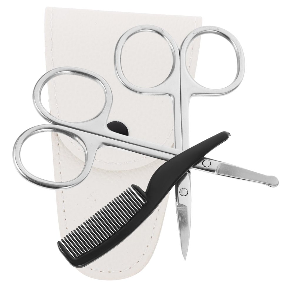 Ipetboom 4pcs Stainless Steel Beard and Mustache Scissors Set with Nose Hair Trimmer Precision Pointed and Round Scissors White Leather Comb for Grooming and Detailing