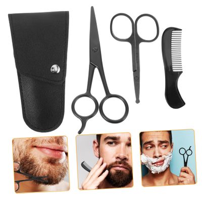Ipetboom 1set Stainless Steel Beard Trimming Scissors and Comb Kit with Storage Pouch for Men Grooming Shears for Home Use and Barber Shops