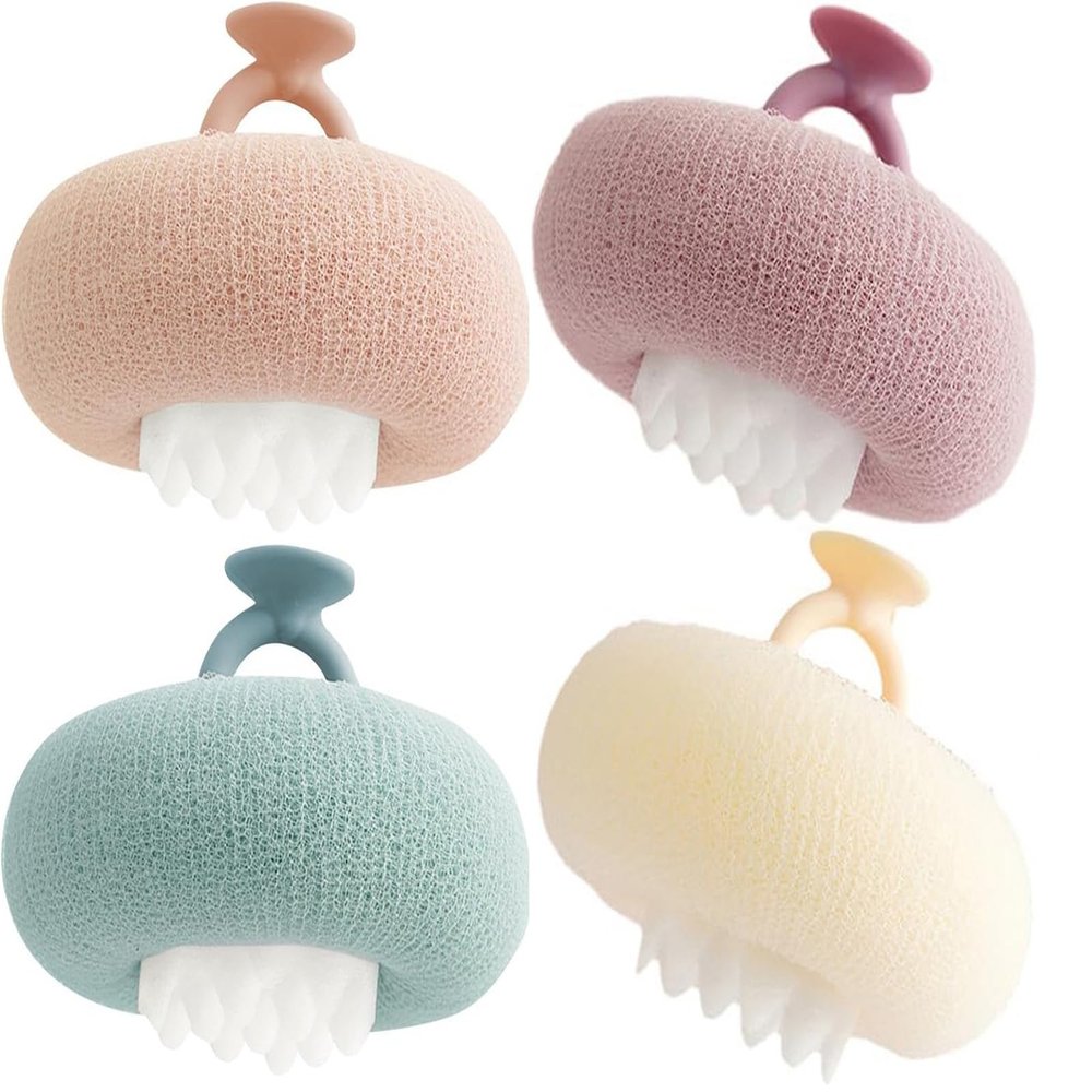 RJDOUJIN Sunflower Bath Ball,2-in-1 Ultra Soft Bath Sponge Cleaning Brush, Suction Cup Bath Ball with Finger Rings,Exfoliating Shower Loofah Sponges(4pcs)