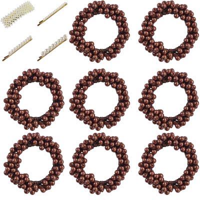 1 Pack Brown Pearl Hair Clips & Clips Set - 4 Scrunchies and 8 Imitation Pearl Hair Ties Elastic for Women, Thick Hair Ponytail Accessories