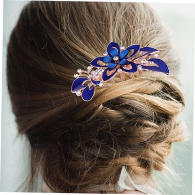 Blue Rhinestone Flower Bridal Hair Comb for Women, Elegant