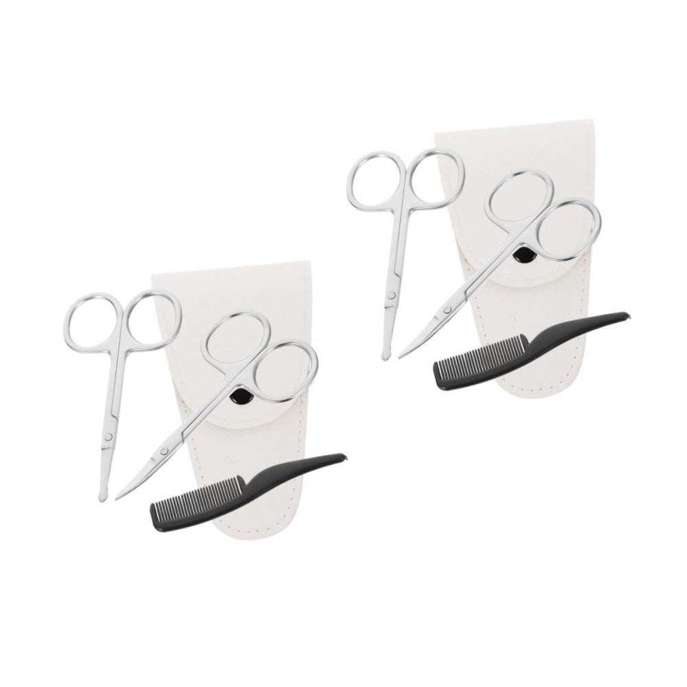 Beaupretty 8pcs Stainless Steel Beard Scissors Trimming Tools Includes Pointed and Round Scissors White Leather Pouch and Small Comb for Grooming and Nose Hair Care