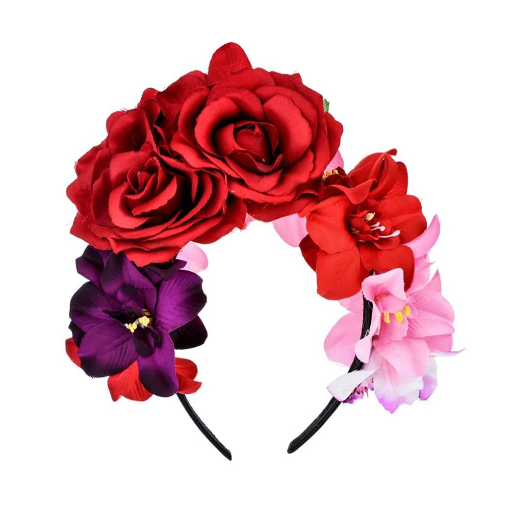 Lofruiin Women's Rose Flower Crown Headband Day of The Dead Headband Mexican Floral Headpiece (A- Dark Red, Free)