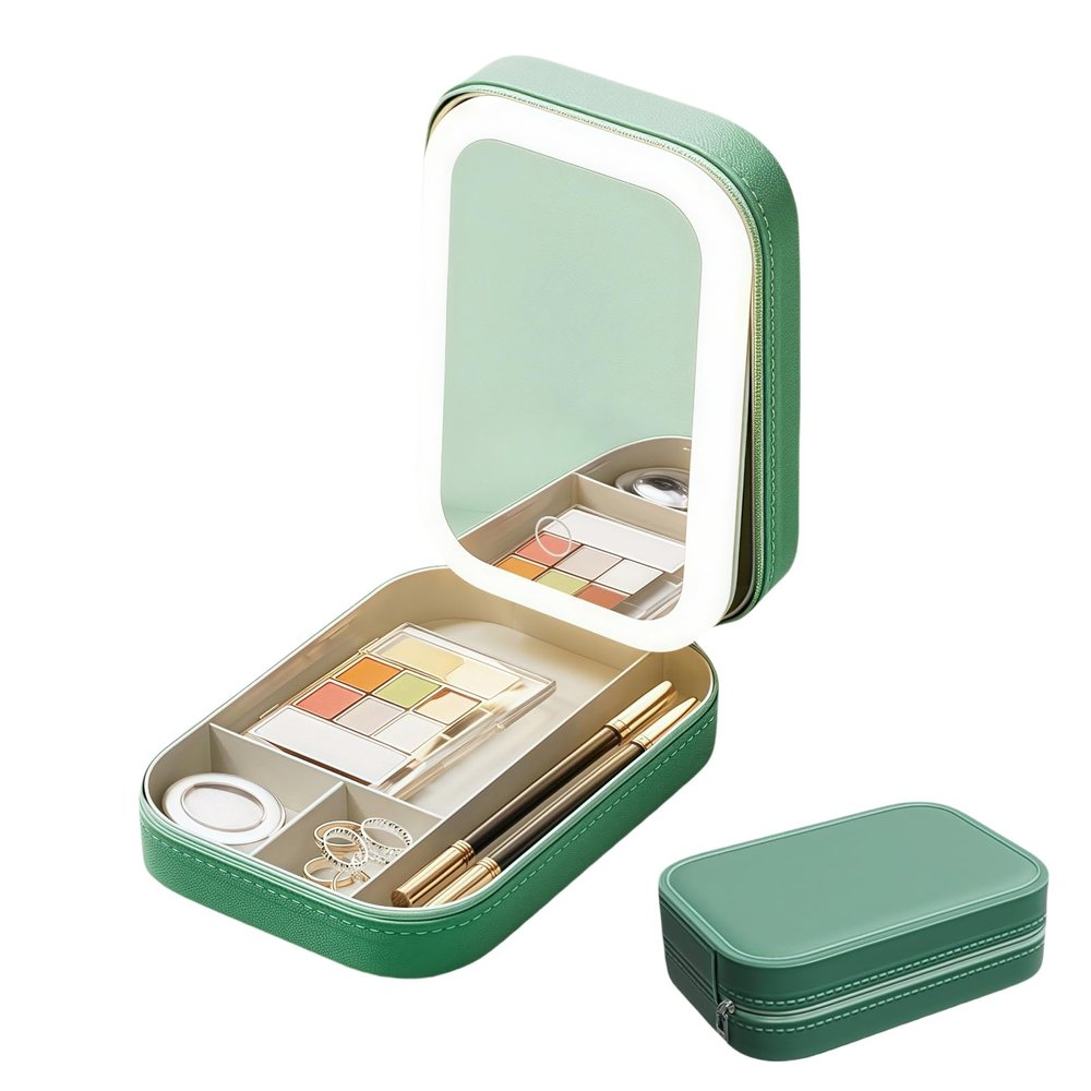HAQNIWA Makeup Case with Lighted Mirror, 3 Adjustable Lights (Green)