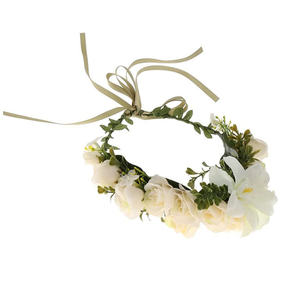 Women Floral Hair Wreath Headband Silk Flowers, Beige Bohemia