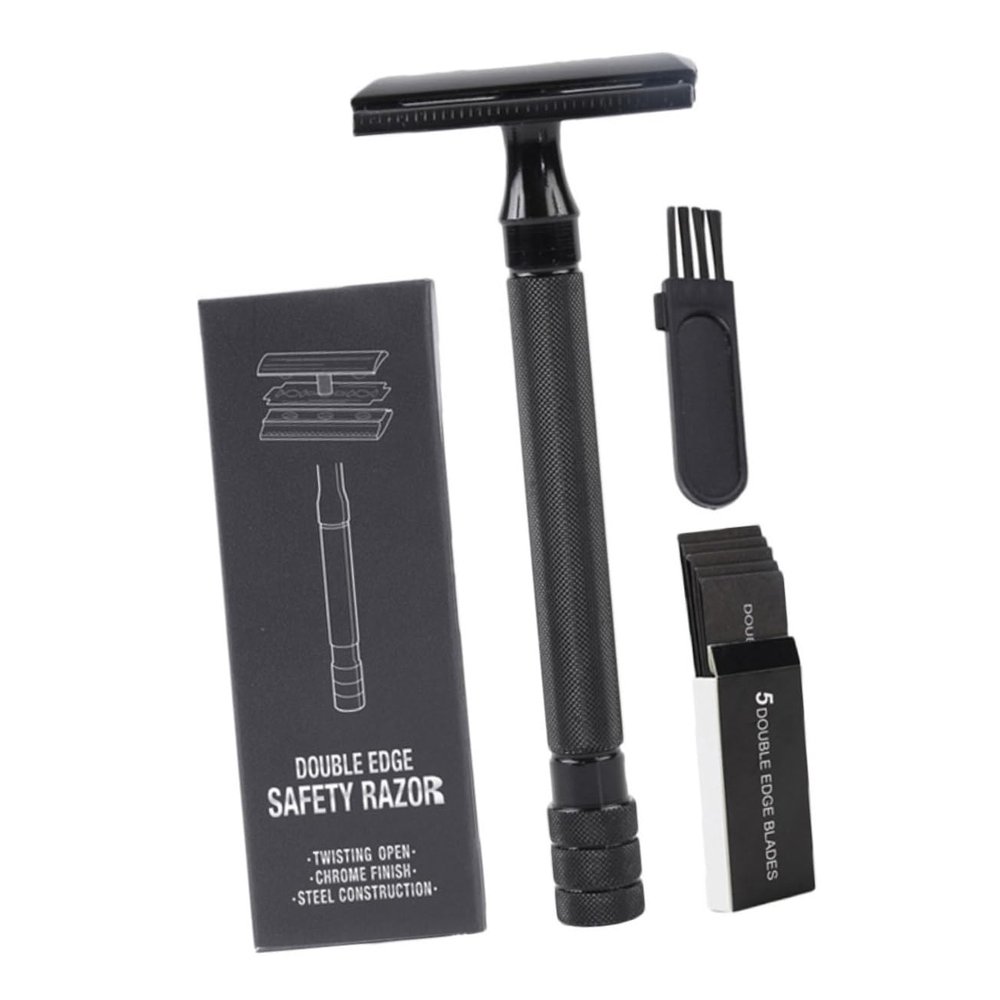 HAKIDZEL Old Style Manual Shaver Safety Razor Beard Body Hair Razor Metal Handle Double-edged Blades Brush Included for Grooming