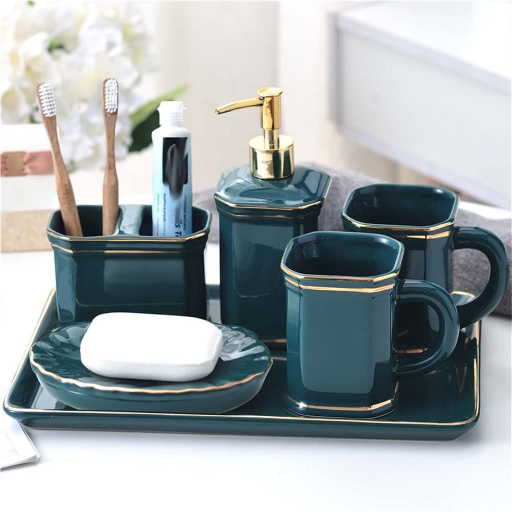 DUYHBAWRS Ceramic Brushing Cup Household Bathroom Supplies Washing Five-Piece Suit Couple Mouthwash Cup Tooth Cylinder