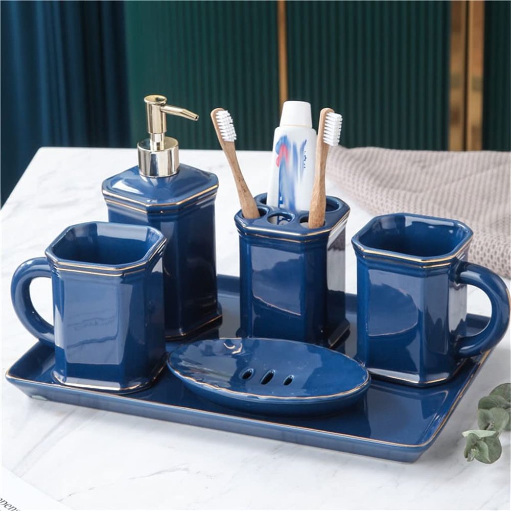 DUYHBAWRS Mouthwash Cup six-Piece Set Nordic Ceramic Household wash Cup Couple Tooth Brushing Cup Tooth Cylinder Tray Set