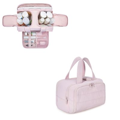 lulutongdedianpu Travel Cosmetic Bag, Large Capacity Wide-Open Travel Cosmetic Bag, Waterproof Portable Pouch Open Flat Toiletry Bags for Women with Divider and Handle Dry-And-Wet Separation