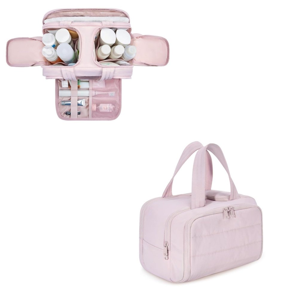 lulutongdedianpu Travel Cosmetic Bag, Large Capacity Wide-Open Travel Cosmetic Bag, Waterproof Portable Pouch Open Flat Toiletry Bags for Women with Divider and Handle Dry-And-Wet Separation