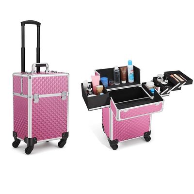 FigaroAct Professional Rolling Makeup Train Case, Shiny Pink Diamond Aluminum Cosmetic Organizer with Wheels, Beauty Storage Luggage