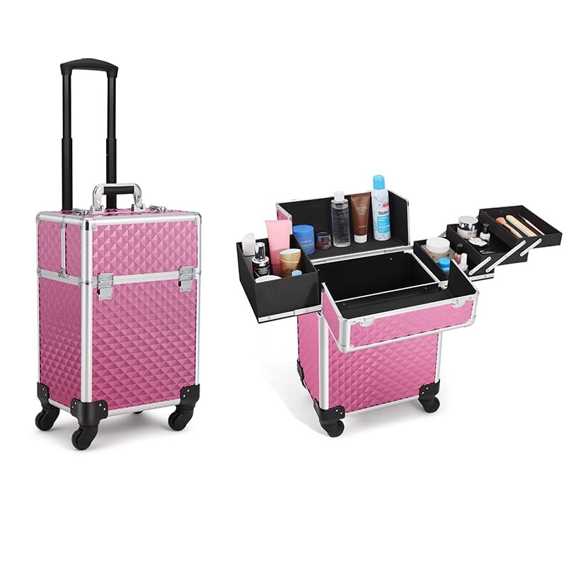 FigaroAct Professional Rolling Makeup Train Case, Shiny Pink Diamond Aluminum Cosmetic Organizer with Wheels, Beauty Storage Luggage