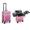 FigaroAct Professional Rolling Makeup Train Case, Shiny Pink Diamond Aluminum Cosmetic Organizer with Wheels, Beauty Storage Luggage view 1