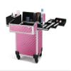 FigaroAct Professional Rolling Makeup Train Case, Shiny Pink Diamond Aluminum Cosmetic Organizer with Wheels, Beauty Storage Luggage view 4