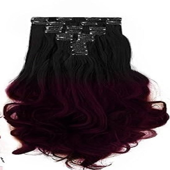 10pc 28Inch Har Extensions Wig Curly/Wavy For Women And Girls 200gram (Curly Black+ Burgundy)
