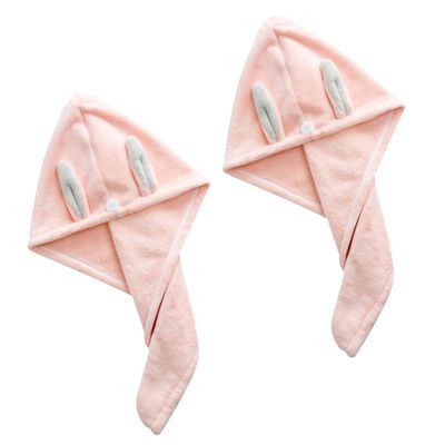 CALLARON Coral Fleece Rabbit Ear Hair Towels 2-Pack Quick-Drying and Absorbent Hair Wraps for Women Cute Cartoon Design for Shower and Travel