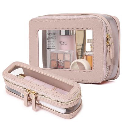 Pinkmik Clear Makeup Bag with Brush Case Travel Toiletry Bag Waterproof Cosmetic Organizer Car Essentials for Women (Pink, M+SLIM-1)