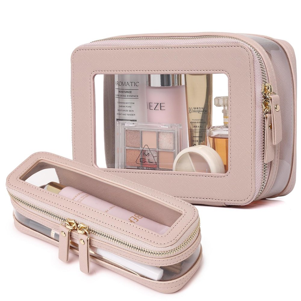 Pinkmik Clear Makeup Bag with Brush Case Travel Toiletry Bag Waterproof Cosmetic Organizer Car Essentials for Women (Pink, M+SLIM-1)