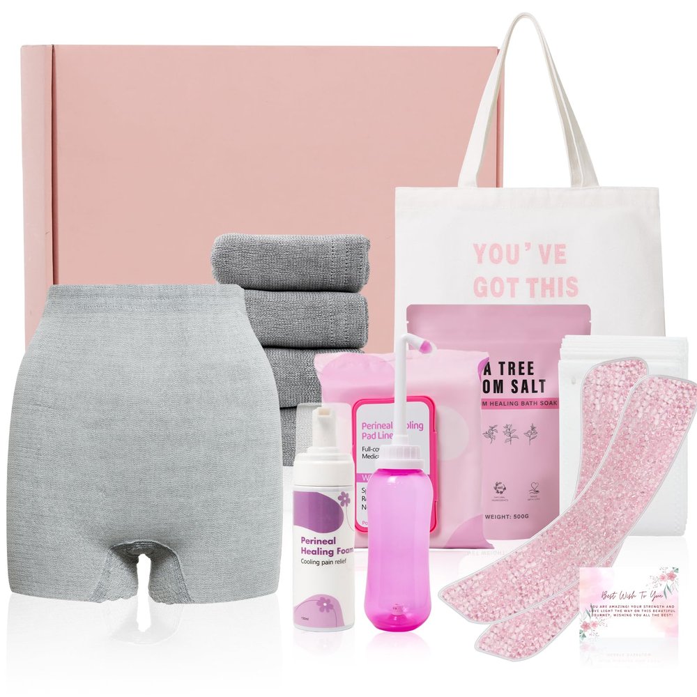 Postpartum Essentials Kit - Peri Bottle,Perineal Ice Packs,Perineal Healing Foam,Disposable Underwears,Cooling Pad Liners,Bath Salts,Canvas Bag,Card,Postpartum Gifts for Mom