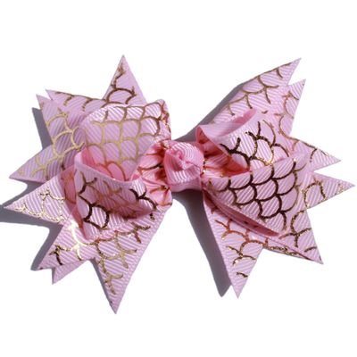 10Pcs Mermaid Scale Hair Bows, 10cm, Metallic Foil Pattern, Large Pinwheel Design (10Pcs Pink, With No Clip)