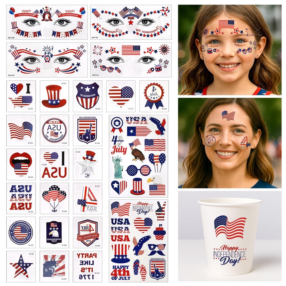 26 Sheets Fourth of July Temporary TattoosPatriotic USA Face & Body Stickers for Kids & AdultsWaterproof, Skin-Friendly Red White Blue Designs for 4th of July Independence Day, Parades & BBQ
