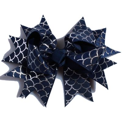 10Pcs Mermaid Scale Hair Bows, 10cm, Metallic Foil Pattern, Large Pinwheel Design (10Pcs Navy, With No Clip)