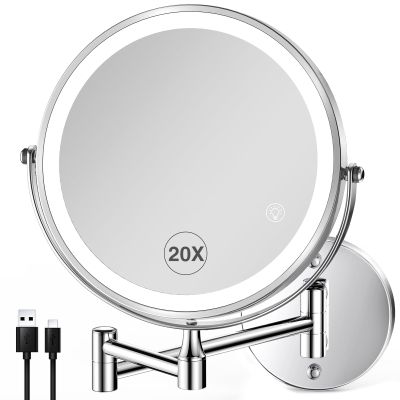 20X/1X Wall Mounted Lighted Makeup Mirror with Light, 8.5'' Double Sided Rechargeable Magnifying Bathroom Mirror, 3 Color Lights Touch Dimmable Extended Arm 360 Rotation Light up Magnification Mirrors