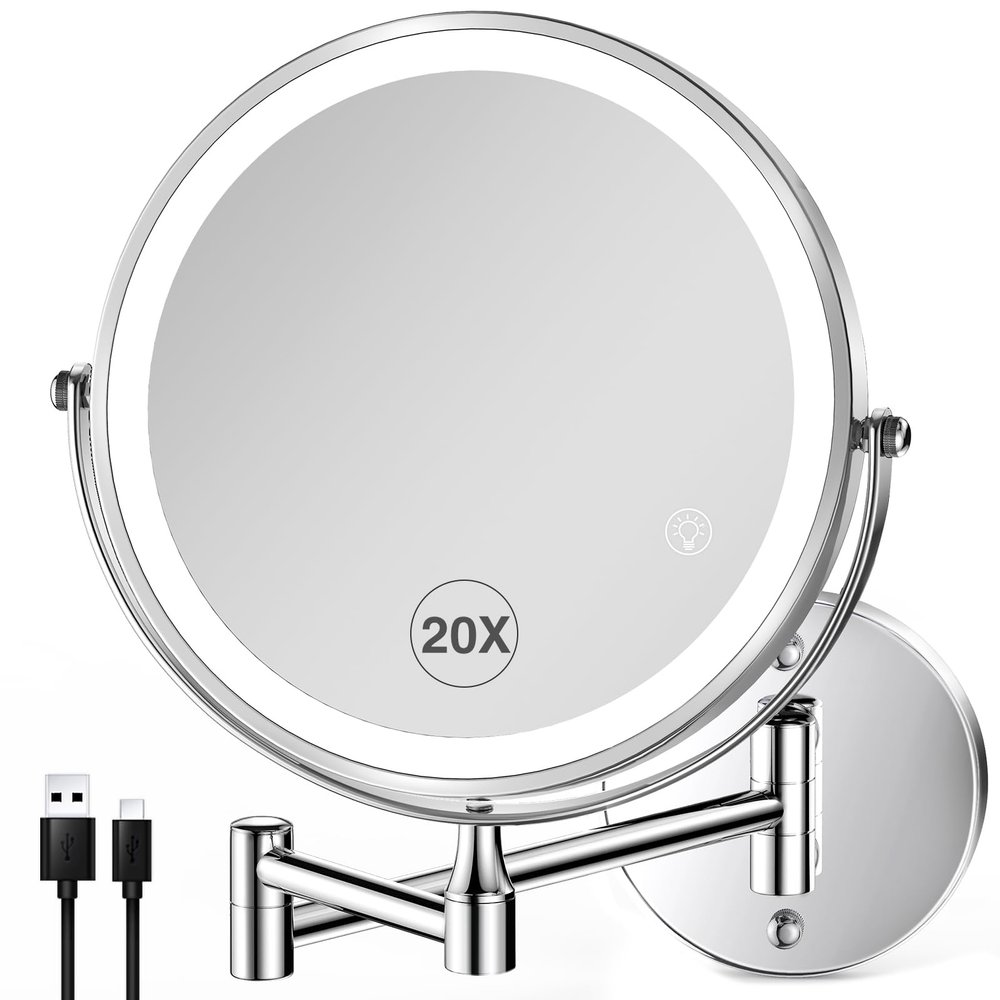 20X/1X Wall Mounted Lighted Makeup Mirror with Light, 8.5'' Double Sided Rechargeable Magnifying Bathroom Mirror, 3 Color Lights Touch Dimmable Extended Arm 360 Rotation Light up Magnification Mirrors