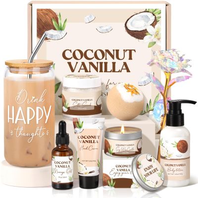 Spa Gift Baskets for Women, Vanilla Coconut Bath and Body Gifts Set for Women, Home Spa Self Care Gift, Relaxing Bath Set for Mom Wife Sister Friends Sister Girlfriend, Mothers Day Thank You Gifts