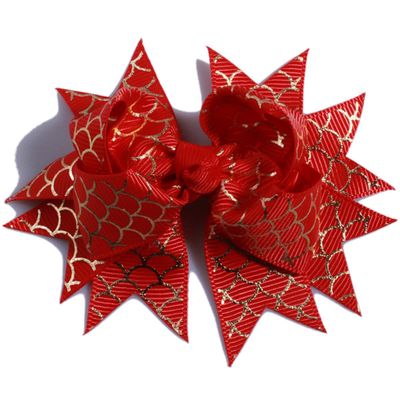 10Pcs 10CM Grosgrain Ribbon Swallow-tailed Hair Bows With Fish Scale For Hair Clips Butterfly Shaped Boutique For Head (10Pcs Red, With Clip)
