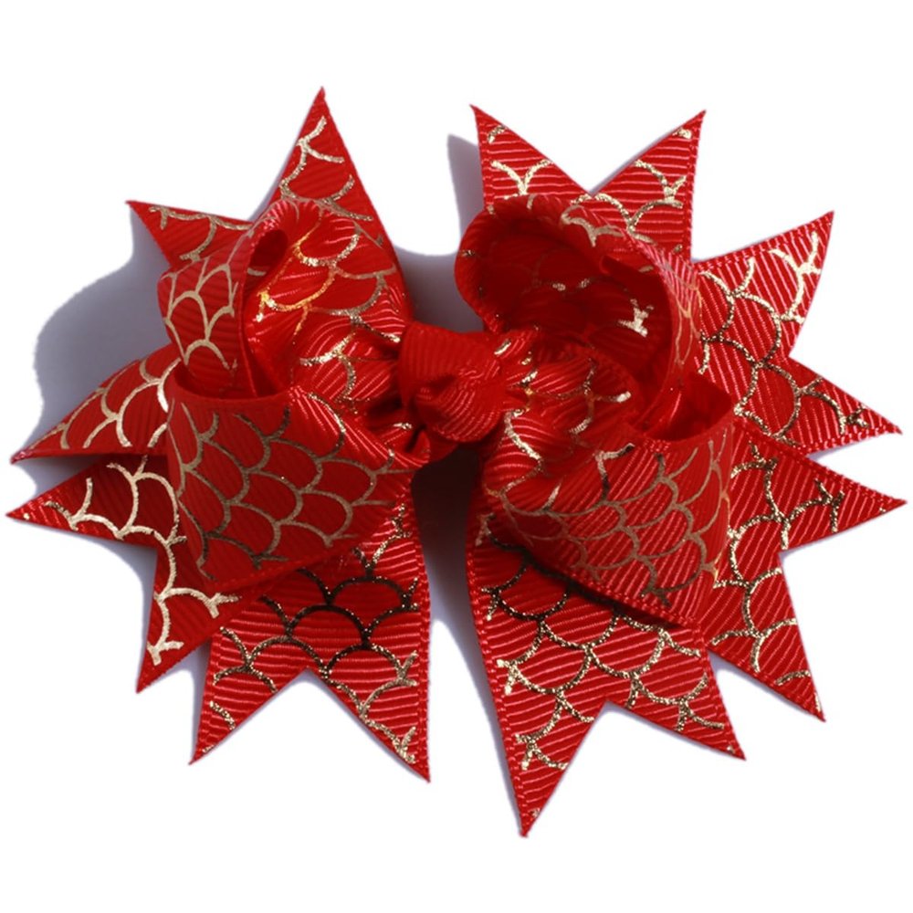 10Pcs 10CM Grosgrain Ribbon Swallow-tailed Hair Bows With Fish Scale For Hair Clips Butterfly Shaped Boutique For Head (10Pcs Red, With Clip)