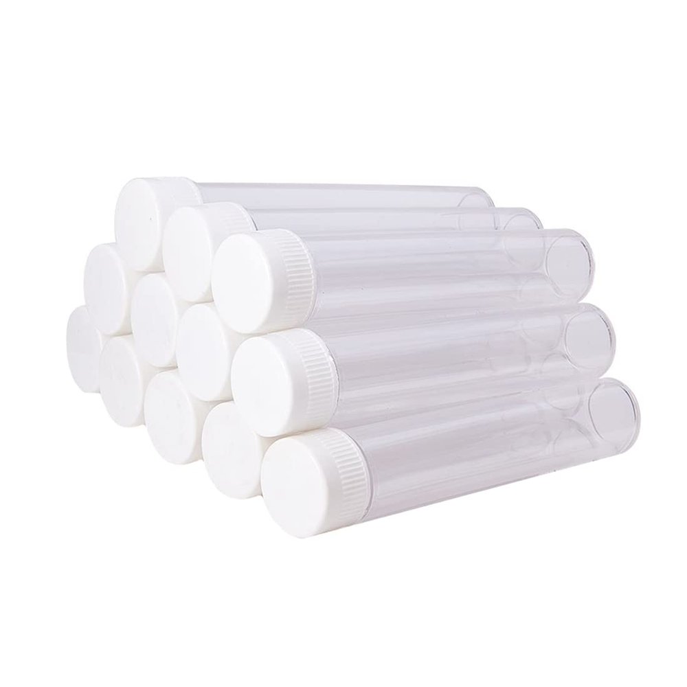 12Pcs 25ML Empty Clear Plastic Test Tubes with White Screw Caps Refillable Sample Bottles Candy Spices Beads Cosmetic Storage Container Vial Jars for Experiments Party