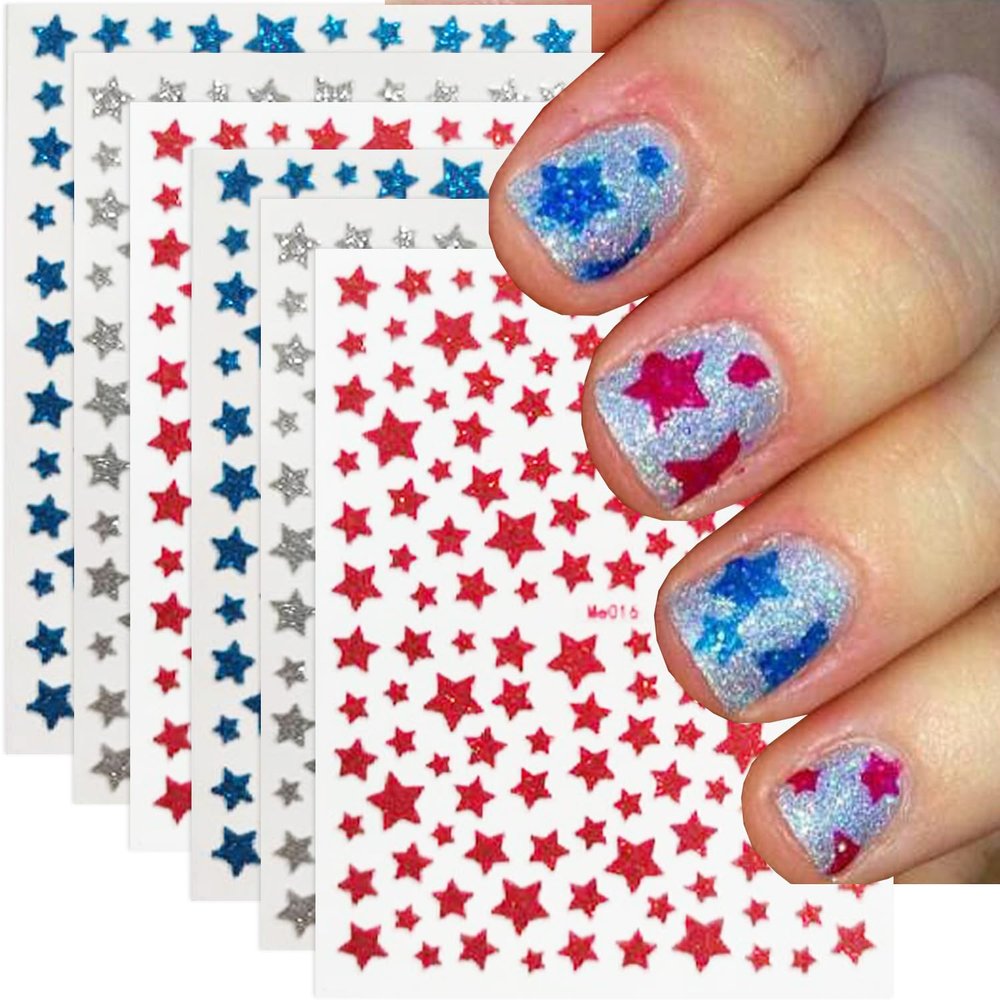 4th of July Nail Stickers Independence Day Stars Nail Art Stickers 3D Self-Adhesive Star Design Nail Decals Red Blue Silver Star Acrylic DIY Nails Decoration Accessories for Holiday 6 Sheets