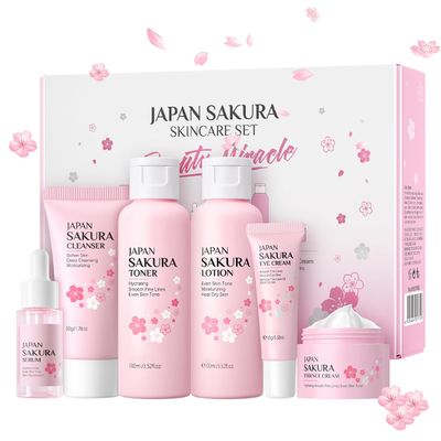 6Pcs Sakura Skincare Kit For Teenage Girls Women, Beauty Travel Skincare Gift Set, The Skin Care Set Includes Facial Cleanser, Toner, Lotion, Essence, Eye Cream And Face Cream