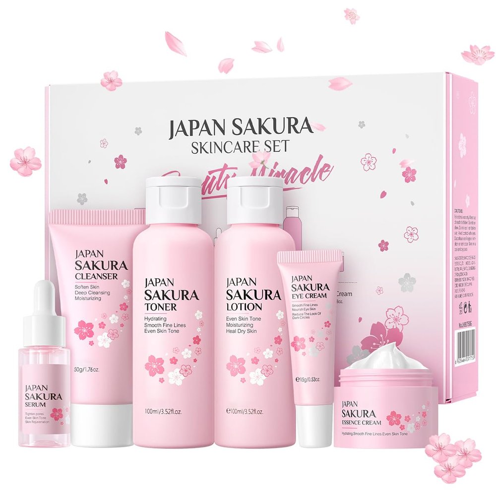 6Pcs Sakura Skincare Kit For Teenage Girls Women, Beauty Travel Skincare Gift Set, The Skin Care Set Includes Facial Cleanser, Toner, Lotion, Essence, Eye Cream And Face Cream