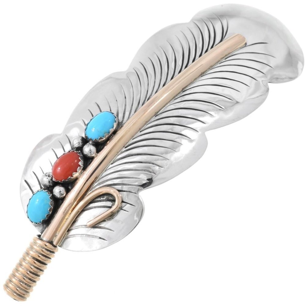Alltribes Navajo Silver Gold Turquoise Coral Feather Barrette Hammered Sterling on Silver Spring Clip 2580