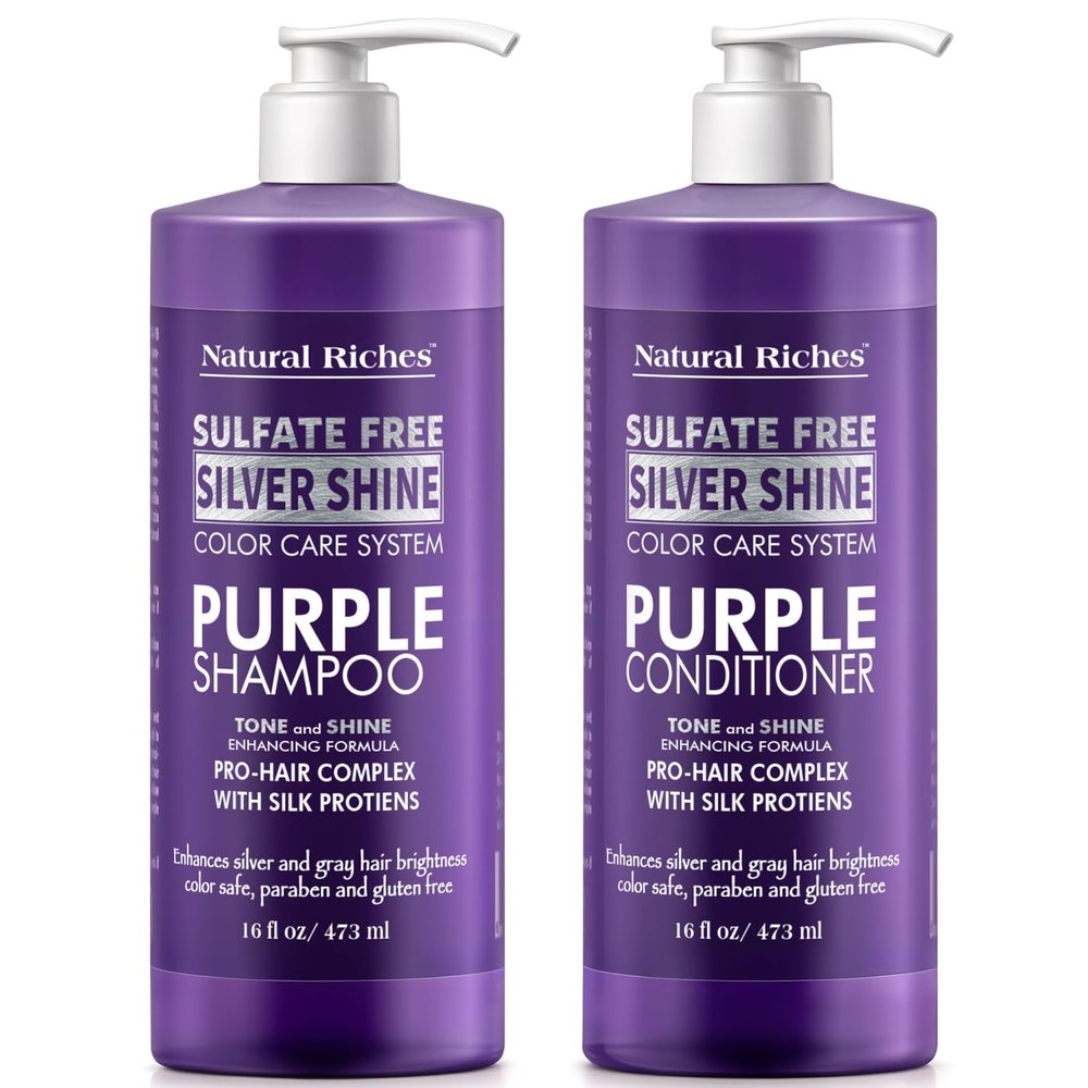 Natural Riches Radiant Silver Shine Purple Shampoo and Conditioner Set for Gray Hair - Paraben-Free and Color Safe  With Silk Proteins, Tones Dull Hair, Softens & Adds Shine - 16 fl oz